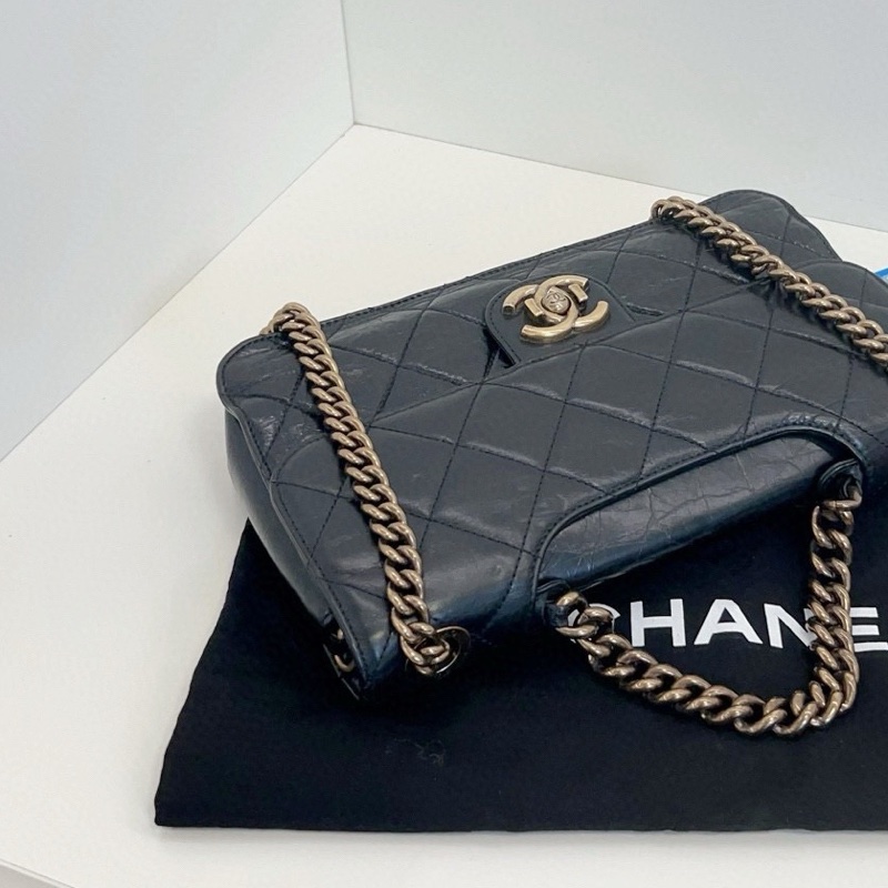 【98新🆕】Chanel 黑金油蠟皮2way孟買CF 絕版一眼神包 小號手提包 斜挎包 單肩包-3