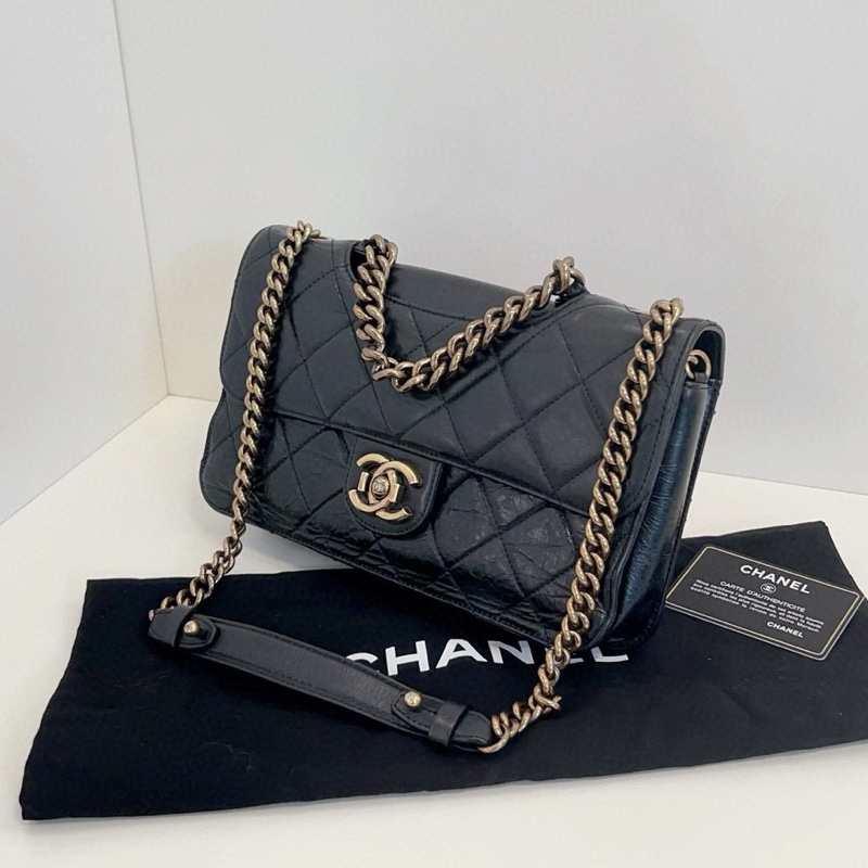 【98新🆕】Chanel 黑金油蠟皮2way孟買CF 絕版一眼神包 小號手提包 斜挎包 單肩包-5
