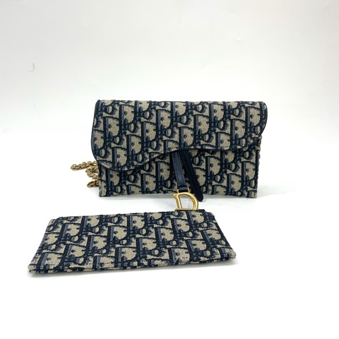 Dior 藍緹花霧金釦Saddle二合一鏈帶斜背包