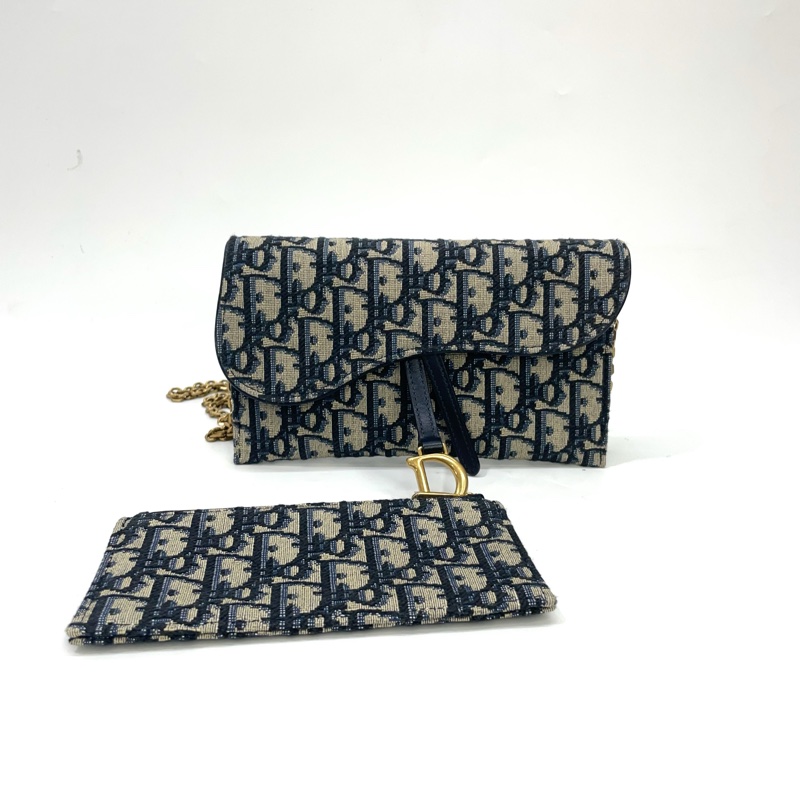 Dior 藍緹花霧金釦Saddle二合一鏈帶斜背包-0