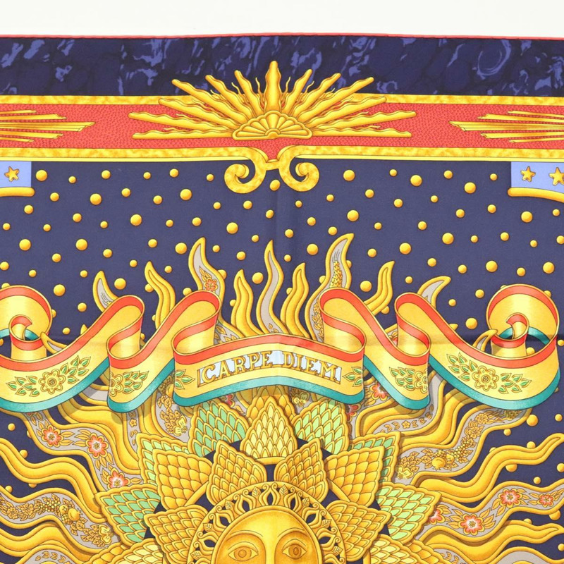 【日本直送】愛馬仕 Carre 90 絲巾 “CARPE DIEM” 真絲海軍藍 正品 BA5387-2