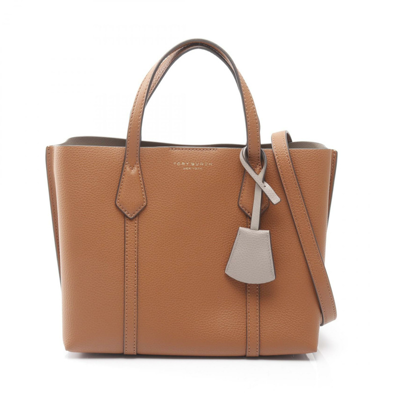 Tory Burch Perry 小型三隔層肩背手提包，棕色皮革，二手-0