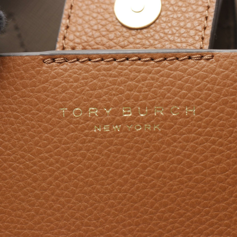 Tory Burch Perry 小型三隔層肩背手提包，棕色皮革，二手-3