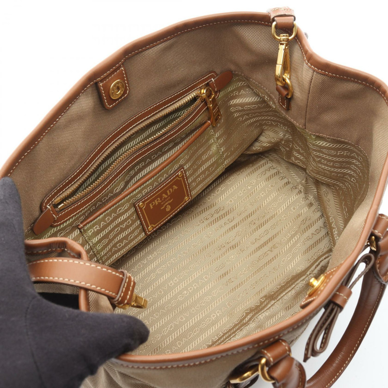 PRADA LOGO JACQUARD 帆布皮革米色二手托特斜背包 BN1841-2