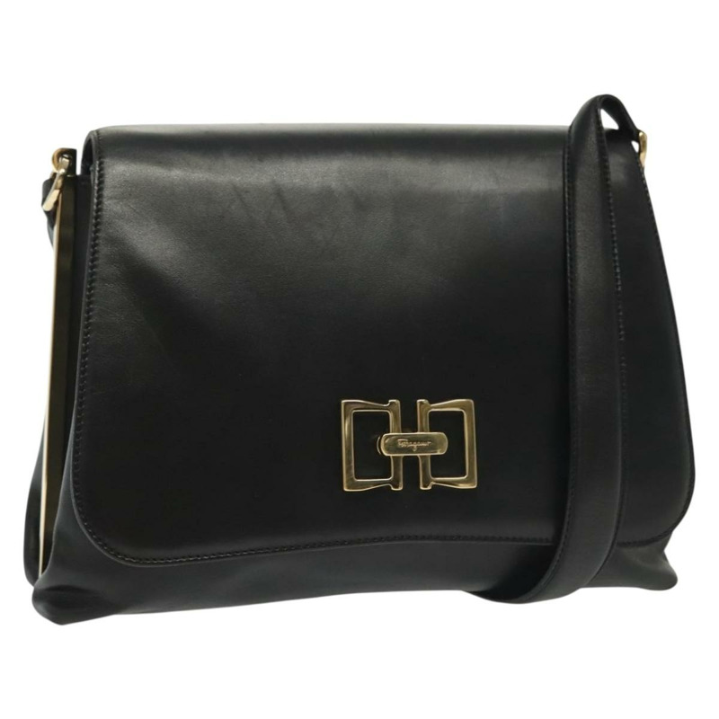 【日本直送】Salvatore Ferragamo 黑色金色皮革肩背包，正品 yk19470-0