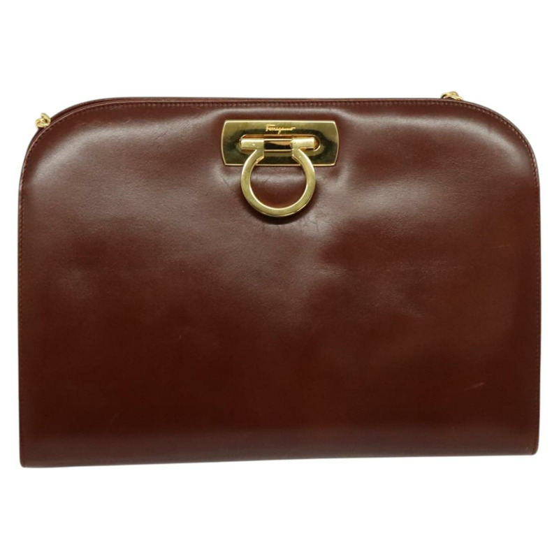 【日本直送】Salvatore Ferragamo Gancini 鏈條肩包，棕色皮革，金色，正品 yk19457-12