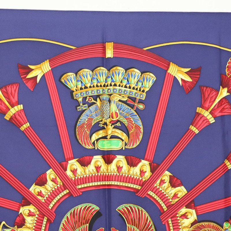 【日本直送】愛馬仕 Caty 古埃及聖甲蟲圖案方巾 90 公分 絲巾 藍色 正品 141181-2