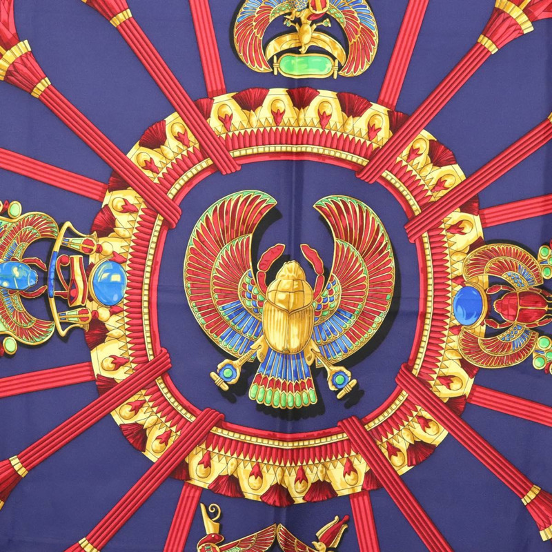 【日本直送】愛馬仕 Caty 古埃及聖甲蟲圖案方巾 90 公分 絲巾 藍色 正品 141181-5