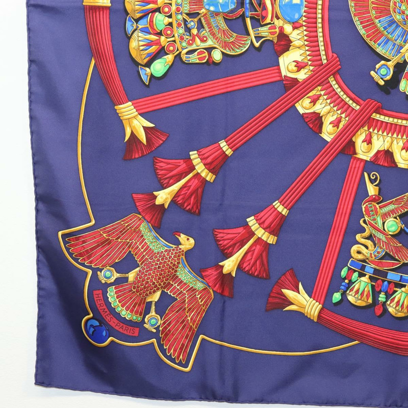 【日本直送】愛馬仕 Caty 古埃及聖甲蟲圖案方巾 90 公分 絲巾 藍色 正品 141181-7