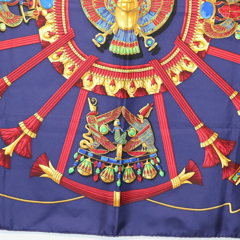 【日本直送】愛馬仕 Caty 古埃及聖甲蟲圖案方巾 90 公分 絲巾 藍色 正品 141181-8