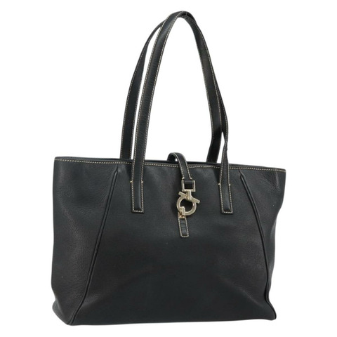 Salvatore Ferragamo 皮革手提包 黑色 金色 Auth SW1521