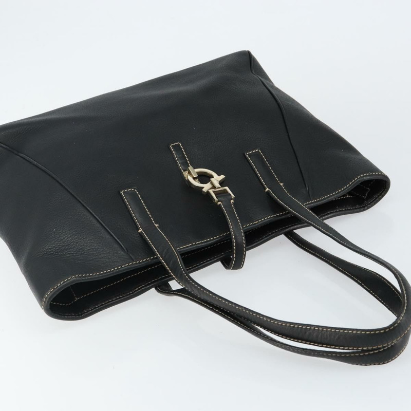 【日本直送】Salvatore Ferragamo 皮革手提包 黑色 金色 Auth SW1521-5