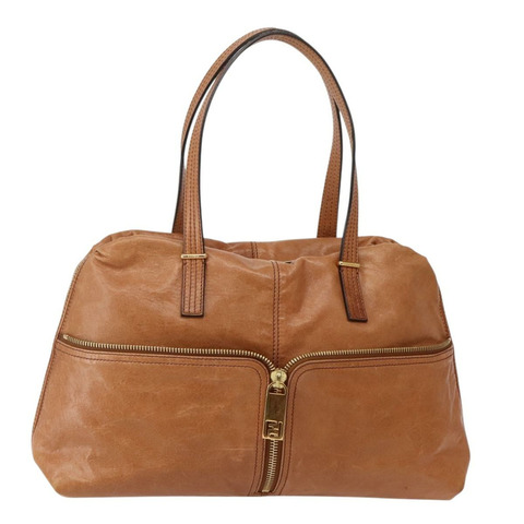 FENDI 拉鍊手提包 皮革 棕色 金色 正品 bs29430