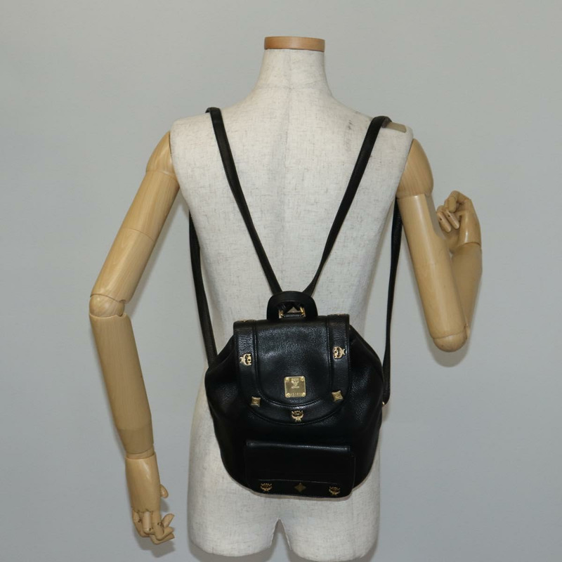 【日本直送】MCM鉚釘雙肩包,黑色皮革,金色,正品編號144411-25