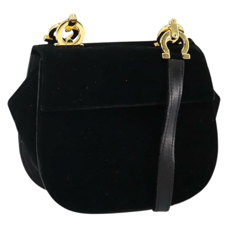 【日本直送】Salvatore Ferragamo Gancini 天鵝絨單肩包 黑色 金色 正品 144388-0