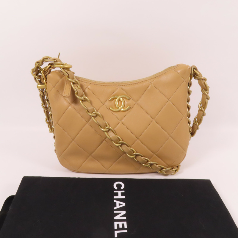 CHANEL 牛皮皮革Chain Shoulder金扣鏈帶肩背袋-9