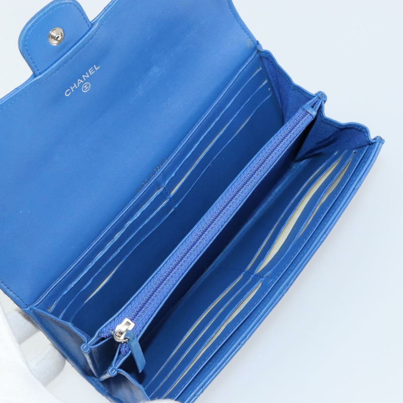 【日本直送】香奈兒 (CHANEL) 絎縫長款錢包,羊皮材質,藍色,銀色,CC標誌,Auth 144604-8