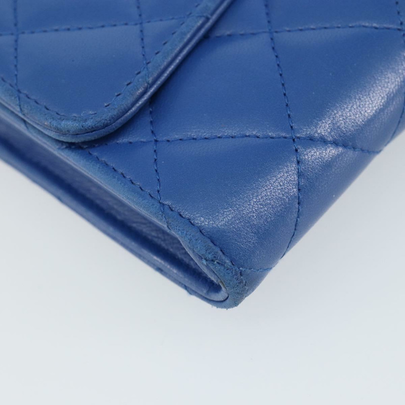 【日本直送】香奈兒 (CHANEL) 絎縫長款錢包,羊皮材質,藍色,銀色,CC標誌,Auth 144604-13