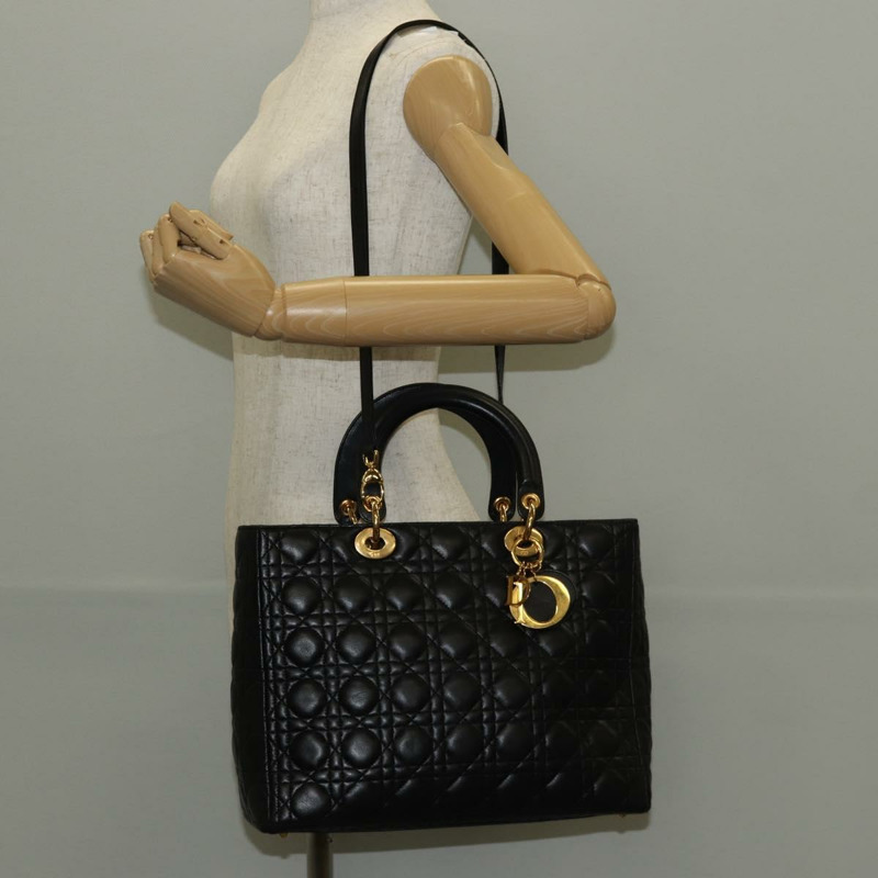【日本直送】Christian Dior Lady Dior Canage 手提包 皮革 2way 黑色 金色 Auth 145261A-23
