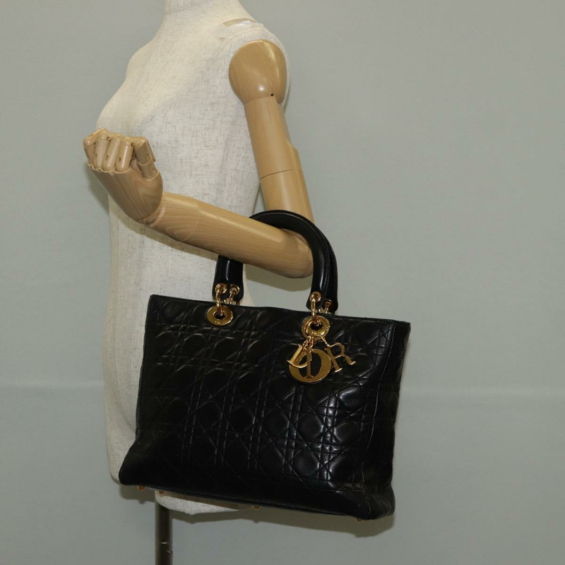 【日本直送】Christian Dior Lady Dior Canage 手提包,黑色金色真皮,正品,貨號 145260A-24