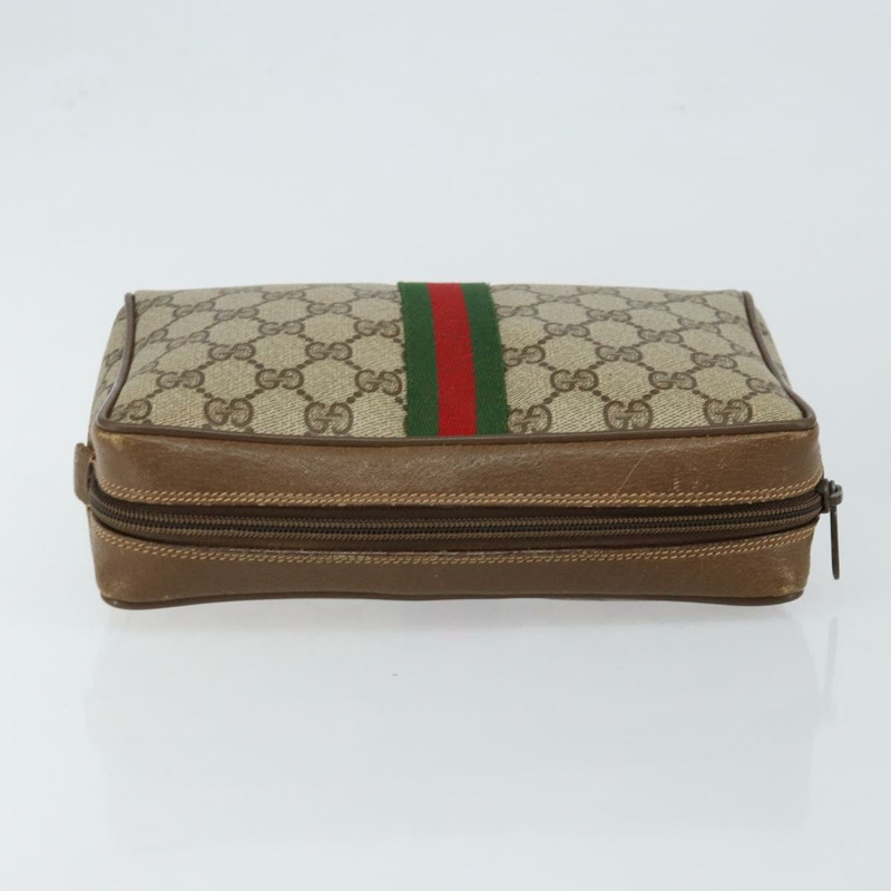 【日本直送】GUCCI GG帆布織帶雪莉線手拿包 PVC皮革 米色/綠色 正品 th6400-4