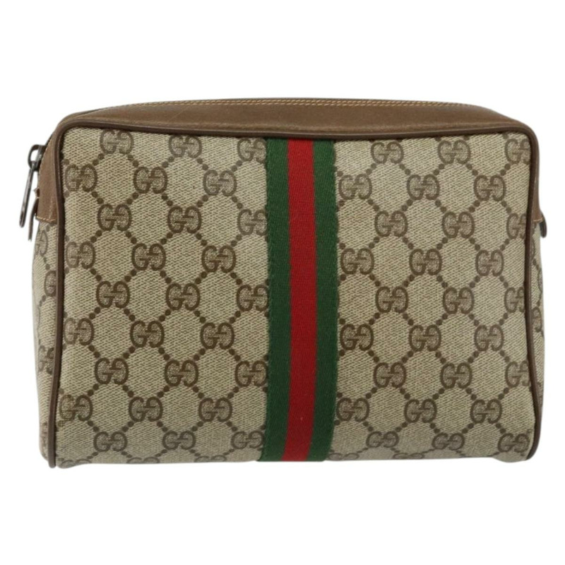 【日本直送】GUCCI GG帆布織帶雪莉線手拿包 PVC皮革 米色/綠色 正品 th6400-12