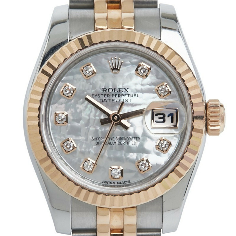 勞力士 Datejust 179171NG 自動腕錶，鑲嵌 10 顆鑽石，白色貝殼紋錶盤，不銹鋼和 18K 玫瑰金材質，女士腕錶，勞力士-0