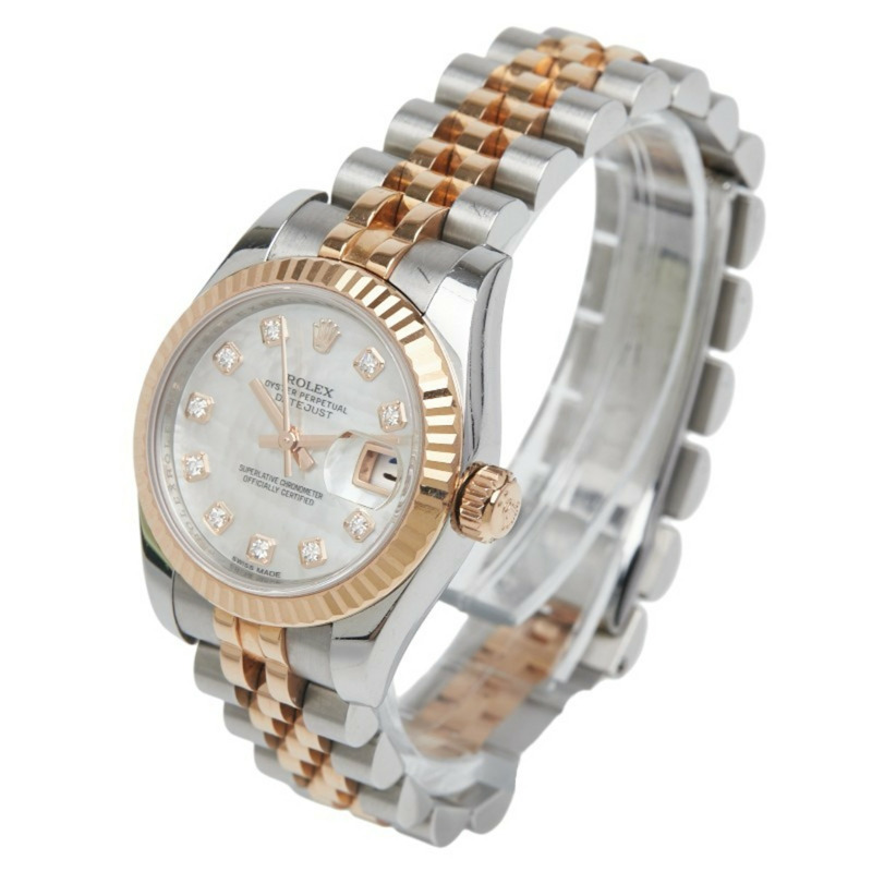 勞力士 Datejust 179171NG 自動腕錶，鑲嵌 10 顆鑽石，白色貝殼紋錶盤，不銹鋼和 18K 玫瑰金材質，女士腕錶，勞力士-1