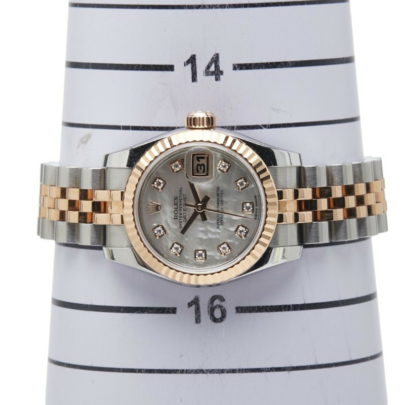 勞力士 Datejust 179171NG 自動腕錶，鑲嵌 10 顆鑽石，白色貝殼紋錶盤，不銹鋼和 18K 玫瑰金材質，女士腕錶，勞力士-7