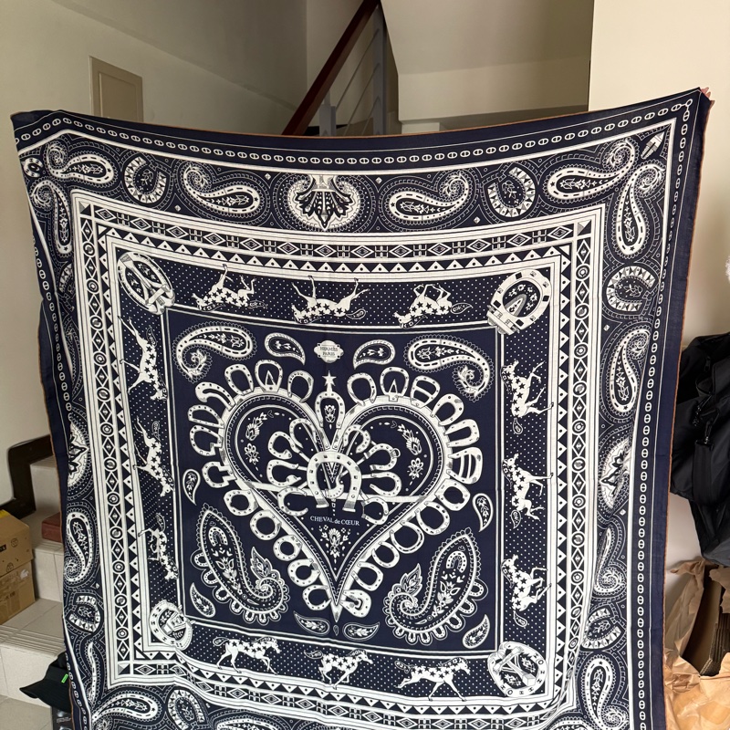 💖Hermes 140 cashmere 絲巾 披肩 圍巾💖 全新 深藍色-3