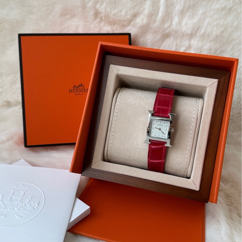 【配件:全套 💕】Hermes 紅色鰐魚錶帶 錶盤帶鑽 H型手錶 全套 U刻-0