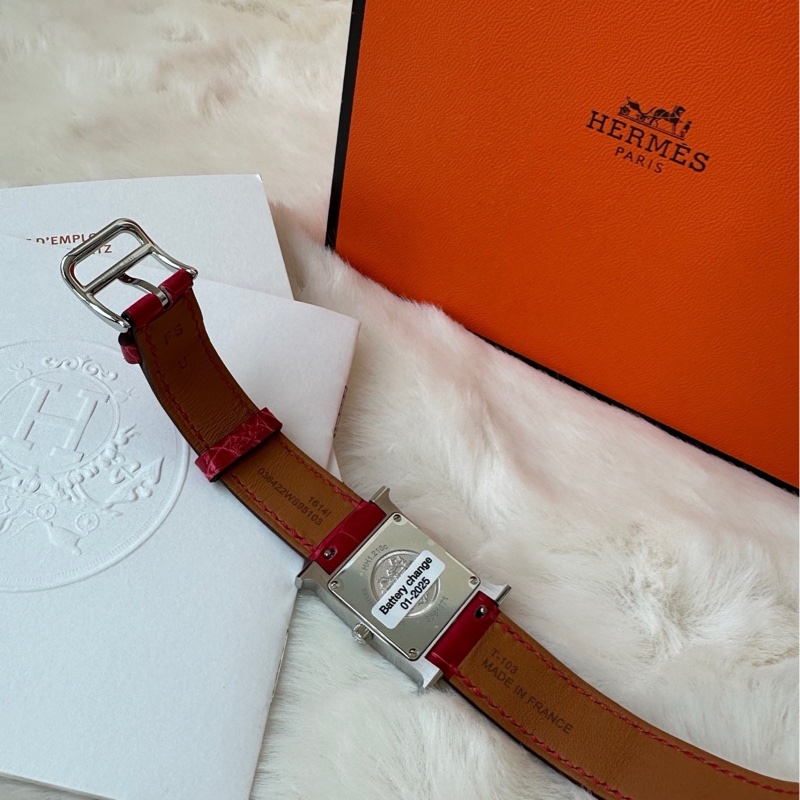 【配件:全套 💕】Hermes 紅色鰐魚錶帶 錶盤帶鑽 H型手錶 全套 U刻-3