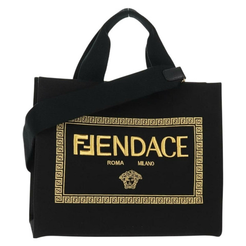FENDI VERSACE 聯名款帆布手提包，黑色金色，兩用款，正品 BA6912A