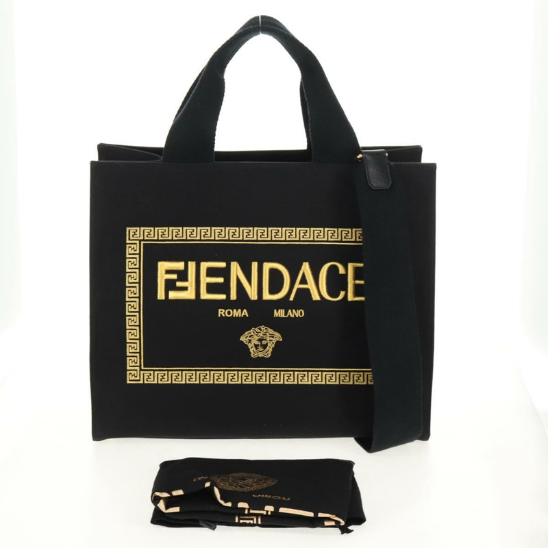 【日本直送】FENDI VERSACE 聯名款帆布手提包,黑色金色,兩用款,正品 BA6912A-11