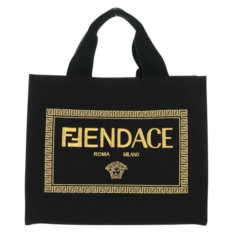 【日本直送】FENDI VERSACE 聯名款帆布手提包,黑色金色,兩用款,正品 BA6912A-12