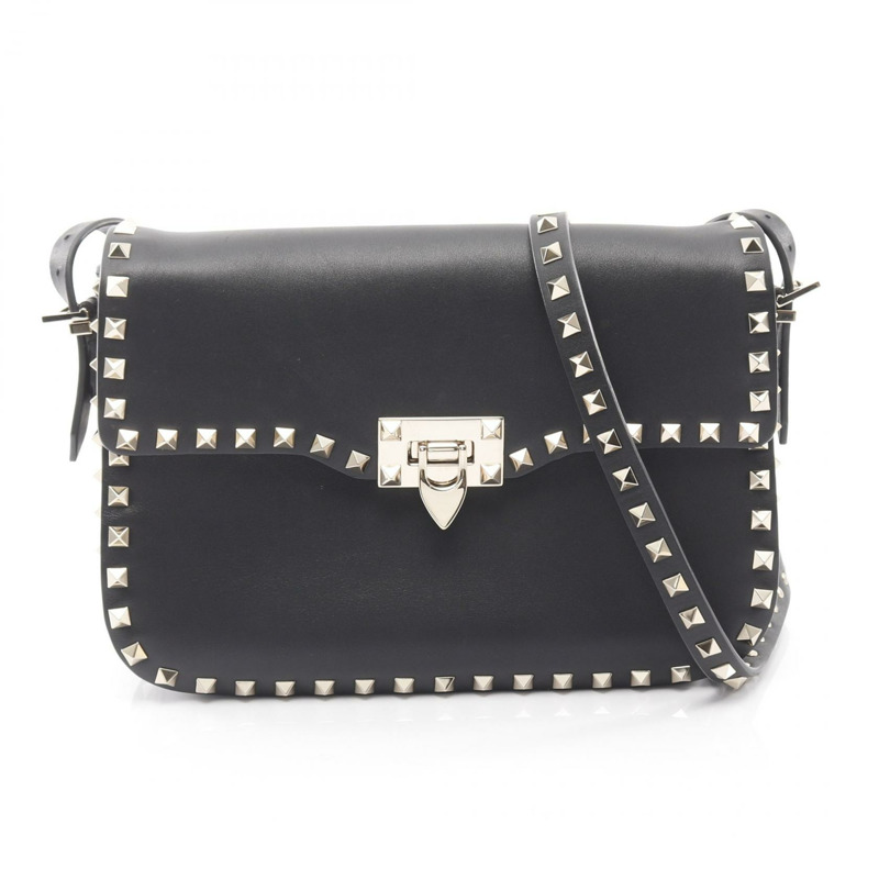 Valentino 鉚釘斜背包 黑色真皮 二手 女款-0