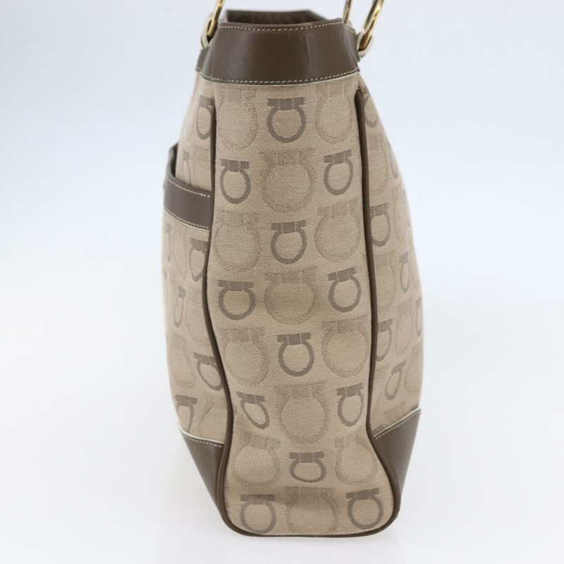 【日本直送】Salvatore Ferragamo Gancini 手提包 皮革帆布 米色 金色 正品 BA5709-3