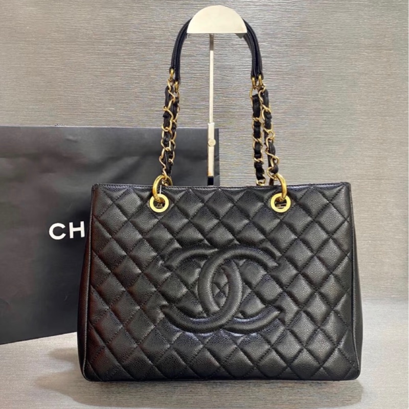 「JL精品代購」95新 香奈兒GST黑金荔枝牛皮托特包-0