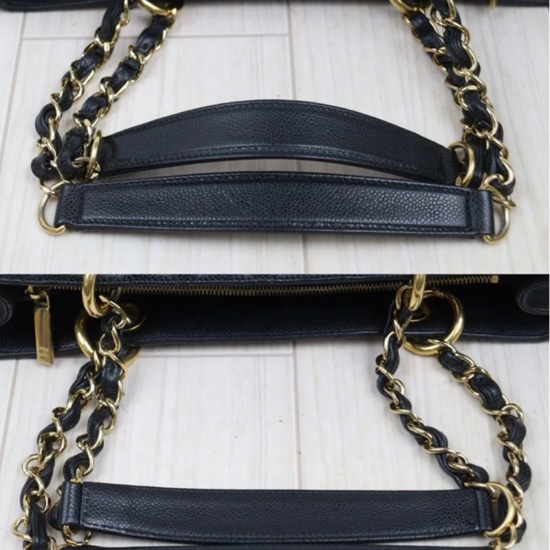 「JL精品代購」95新 香奈兒GST黑金荔枝牛皮托特包-4