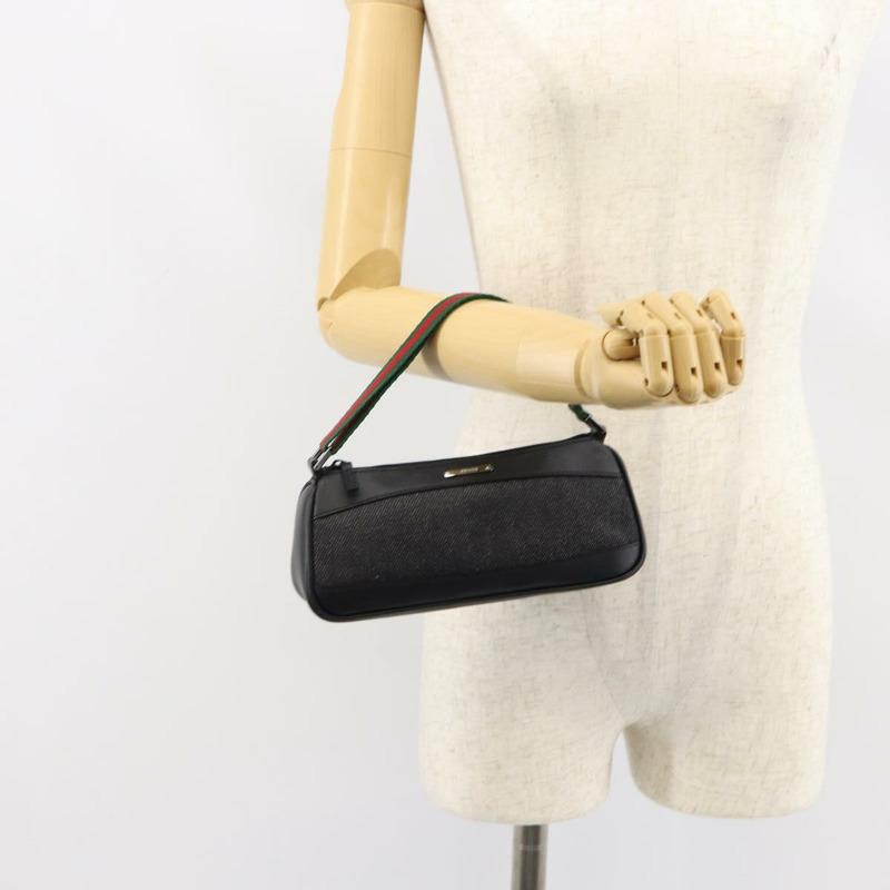 【日本直送】GUCCI Web Sherry Line 帆布皮革手拿包 黑色 銀色 紅色 92820 Auth am9396-20