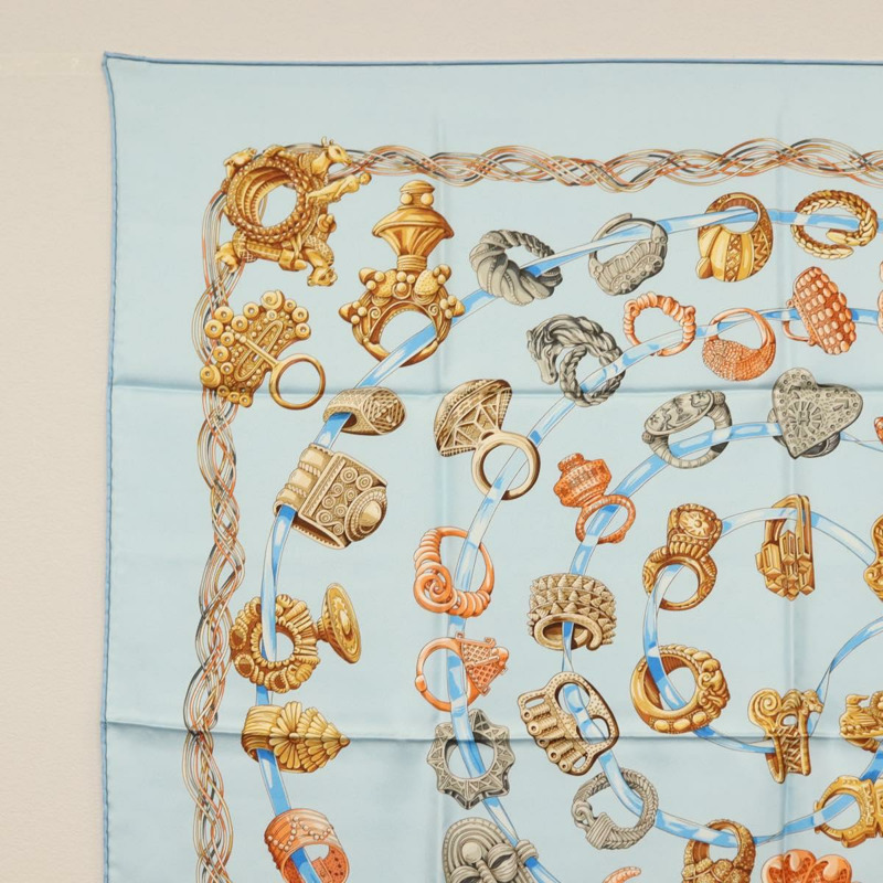 【日本直送】愛馬仕 Carre 90 絲巾「ALLIANCES DU MONDE」淺藍色真絲款 Auth am9416-1