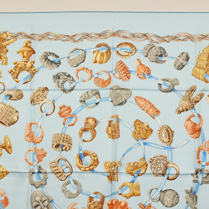 【日本直送】愛馬仕 Carre 90 絲巾「ALLIANCES DU MONDE」淺藍色真絲款 Auth am9416-2