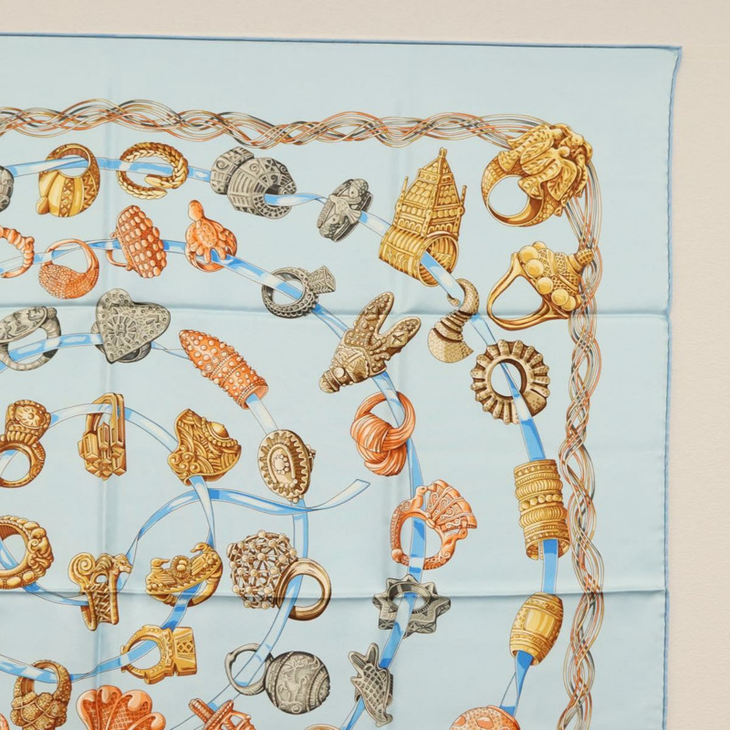 【日本直送】愛馬仕 Carre 90 絲巾「ALLIANCES DU MONDE」淺藍色真絲款 Auth am9416-3