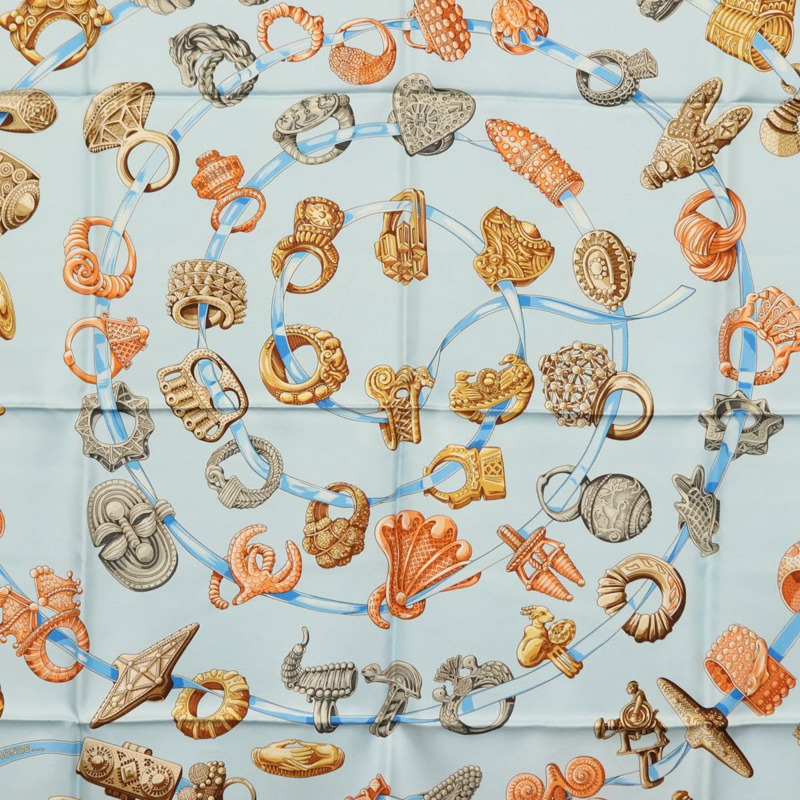 【日本直送】愛馬仕 Carre 90 絲巾「ALLIANCES DU MONDE」淺藍色真絲款 Auth am9416-5