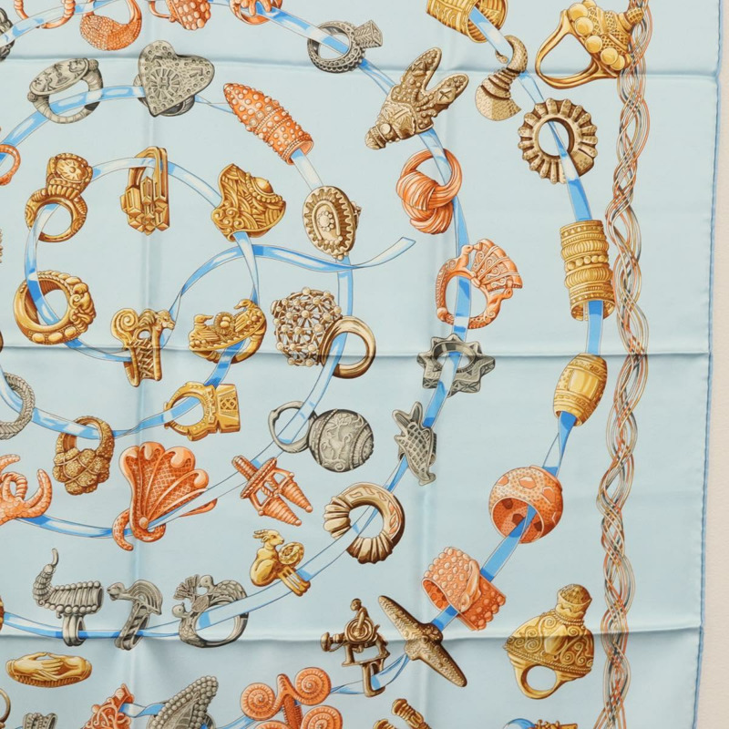 【日本直送】愛馬仕 Carre 90 絲巾「ALLIANCES DU MONDE」淺藍色真絲款 Auth am9416-6