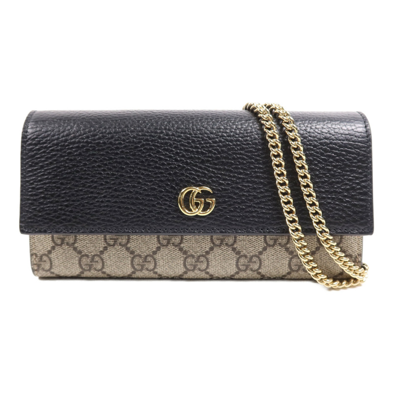 GUCCI 塗層帆布/皮革GG Marmont Wallet金扣鏈帶錢包-0