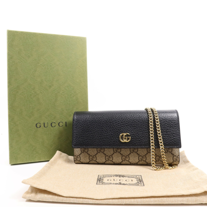 GUCCI 塗層帆布/皮革GG Marmont Wallet金扣鏈帶錢包-6