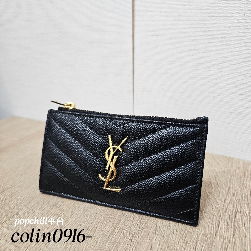 [甜價出😊] YSL黑荔枝皮金釦Cassandre零錢卡包-0