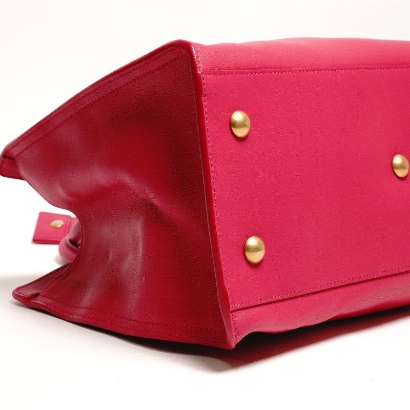 YSL 小號牛皮Y字金釦手提包(桃紅)-7