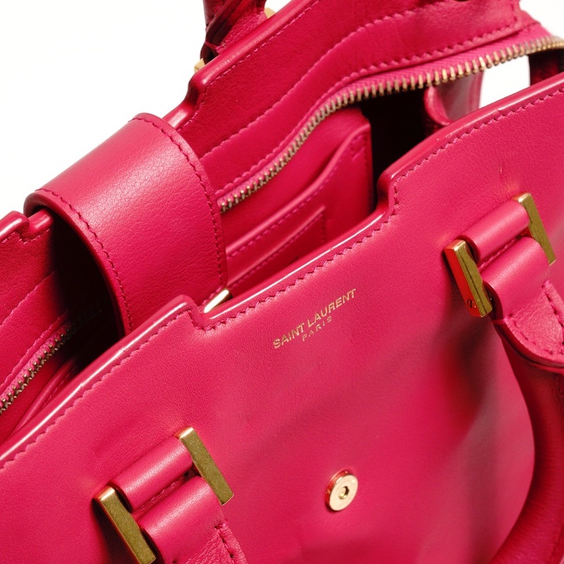 YSL 小號牛皮Y字金釦手提包(桃紅)-12